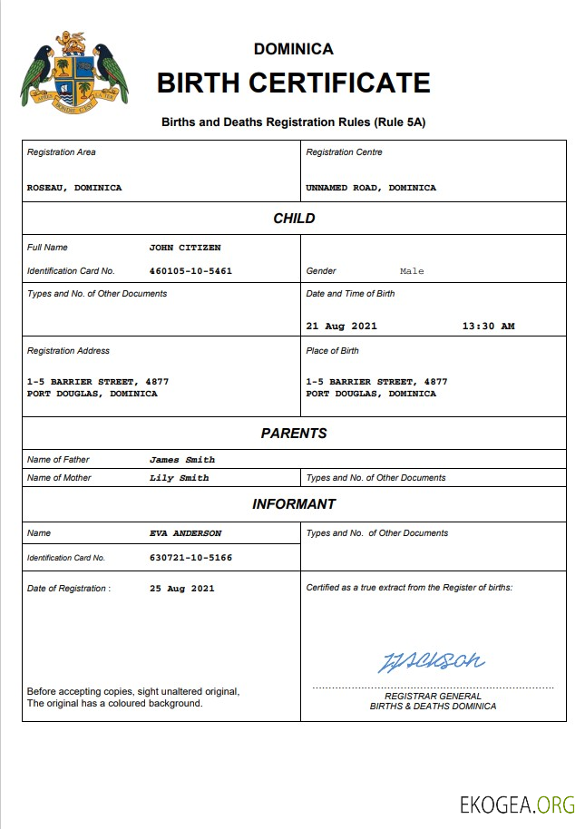 Modèle Word et PDF d'acte de naissance d'acte d'état civil de la Dominique